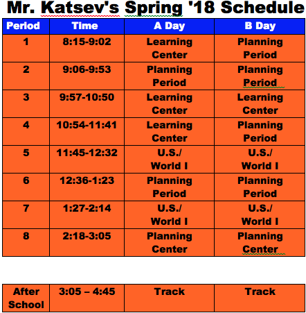 Mr. Katsev's Spring '18 Schedule Mr. Katsev's Spring '18 Schedule